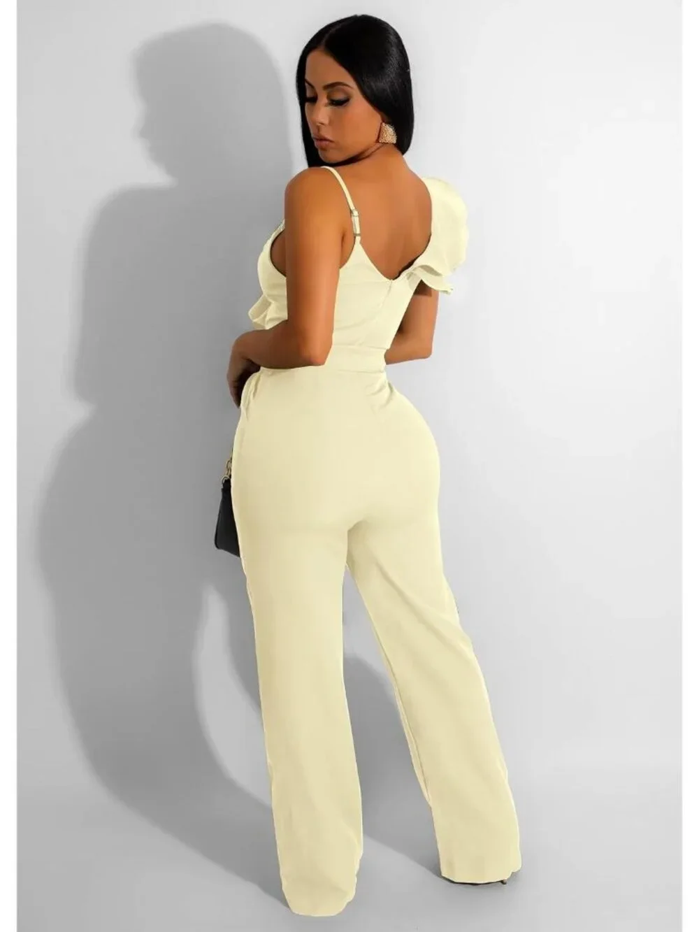 👗 Women's Cream White Ruffle One Shoulder Wide Leg Belted Romper Jumpsuits
